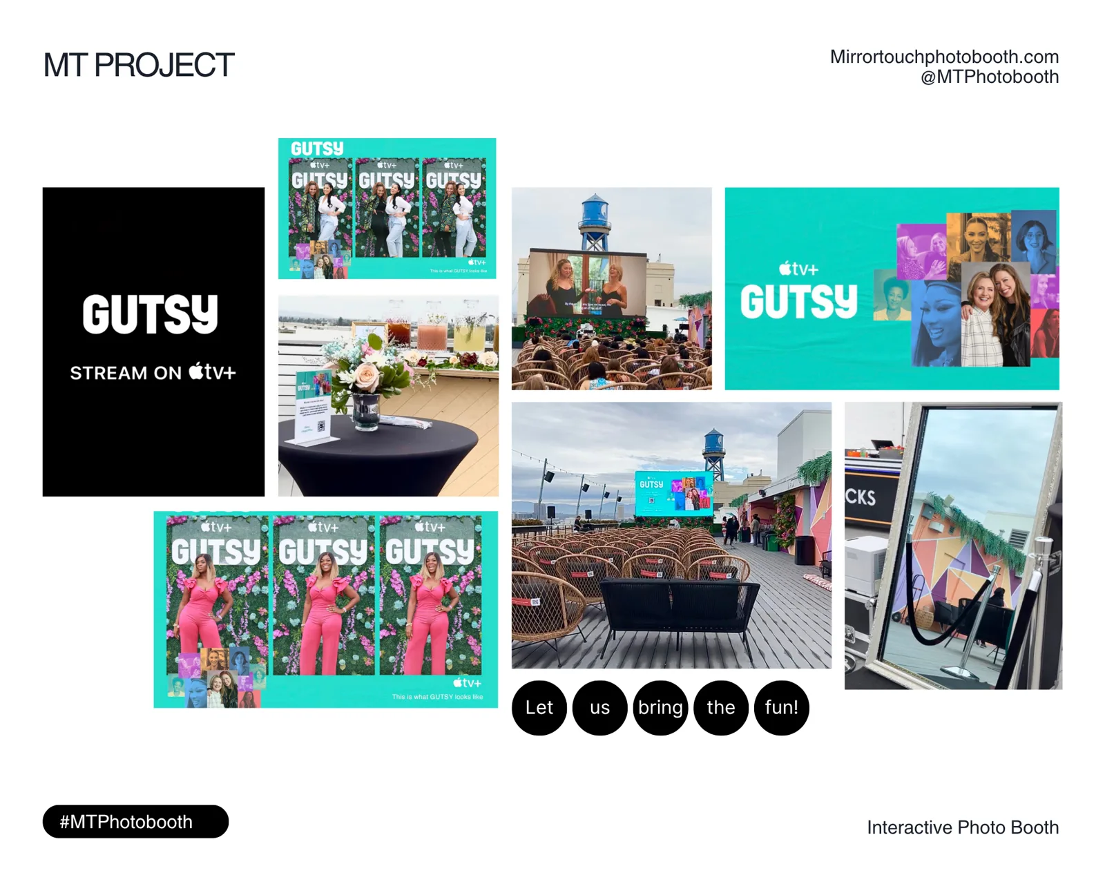 Mirror Touch photo collage from an Apple TV+ Gutsy press event: branded photo strips, outdoor venue setup, and the booth on site