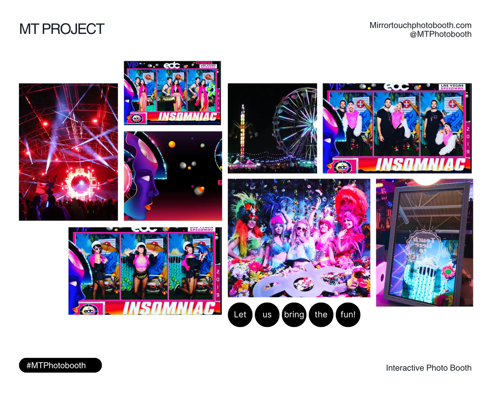Mirror Touch photo collage from an EDC Insomniac festival activation with branded photo strips and costumed guests