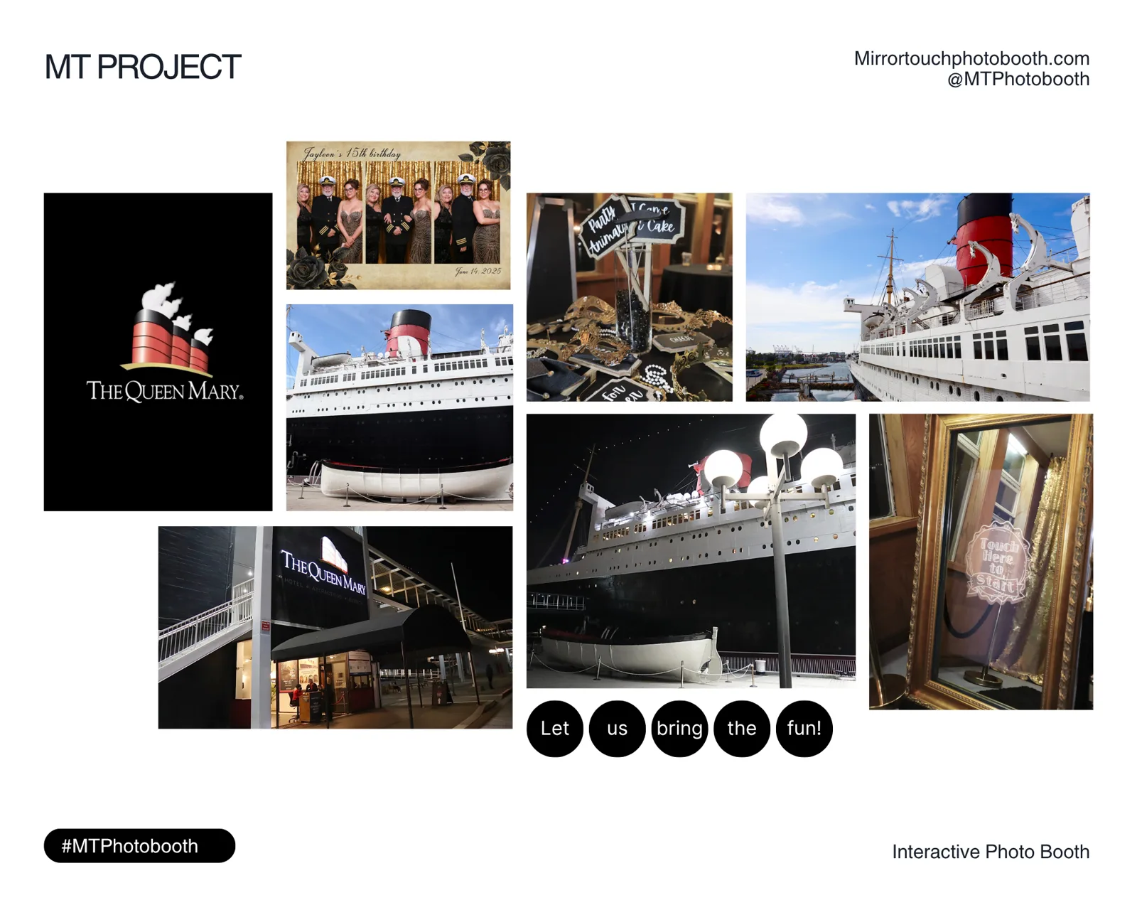 Mirror Touch photo collage from a milestone birthday aboard the Queen Mary, including a group photo strip and the framed mirror booth