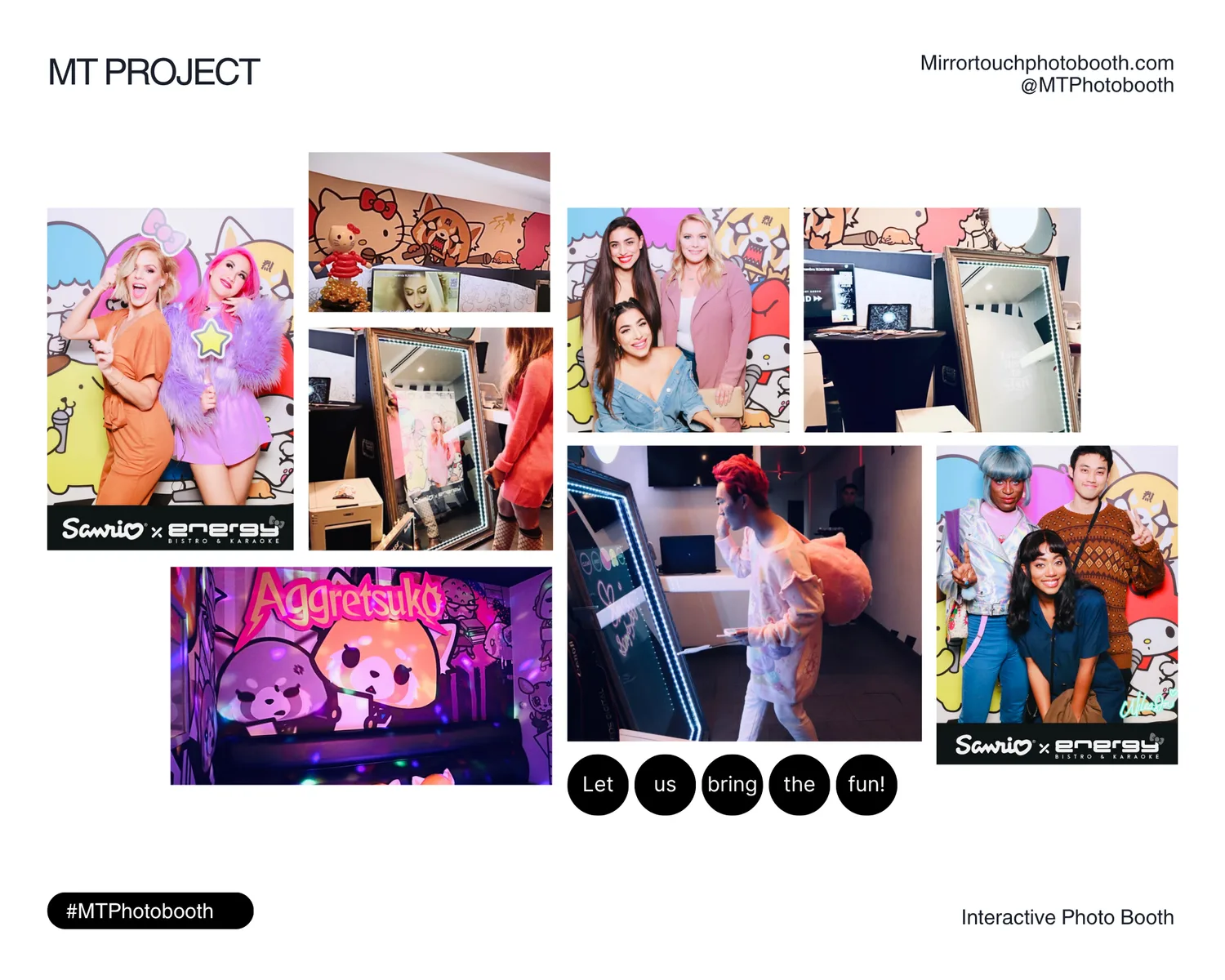 Mirror Touch photo collage from a Sanrio brand activation: guests posing in colorful character sets with the mirror booth on site