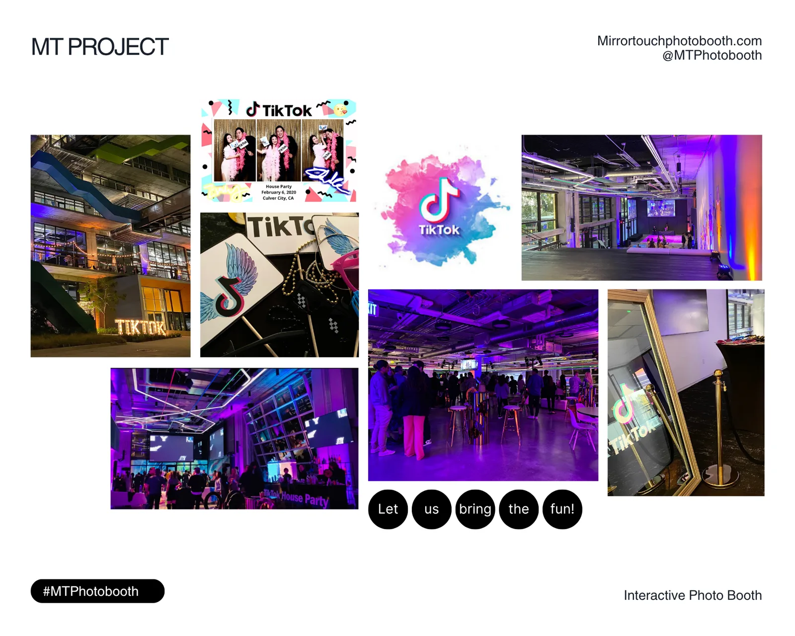 Mirror Touch photo collage from a TikTok holiday party: purple-lit venue, branded photo strips, and the mirror booth set up for guests